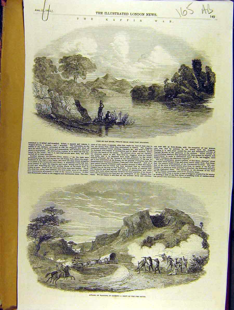 Original Old Antique Print 1852 Kaffir War Kat-River Waggons Africa Hottentots