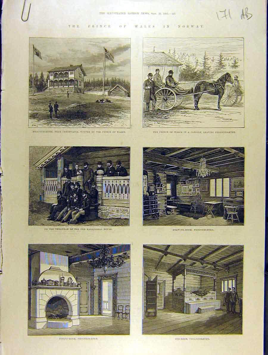 Original Old Antique Print 1885 Prince Wales Norway Visit Frogenersaeter Sweden