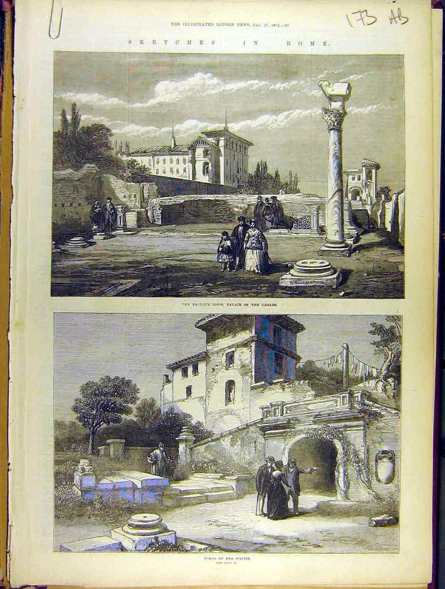 Original Old Antique Print 1872 Sketches Rome Basilica Tombs Scipios Caesars