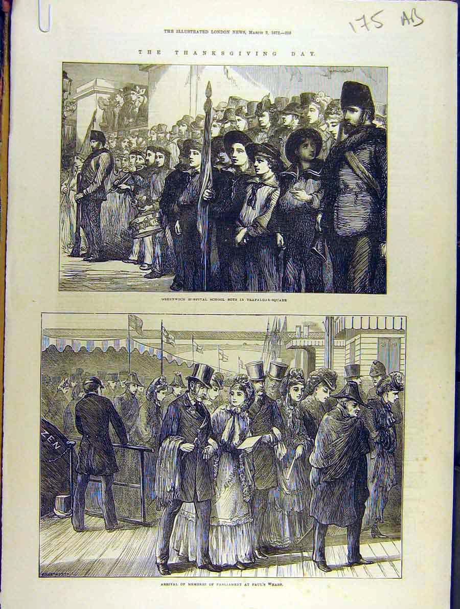 Original Old Antique Print 1872 Thanksgiving Greenwich Hospital Regent-Circus