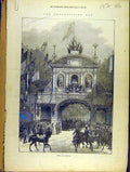 Original Old Antique Print 1872 Thanksgiving Day Temple-Bar Greenwich Hospital
