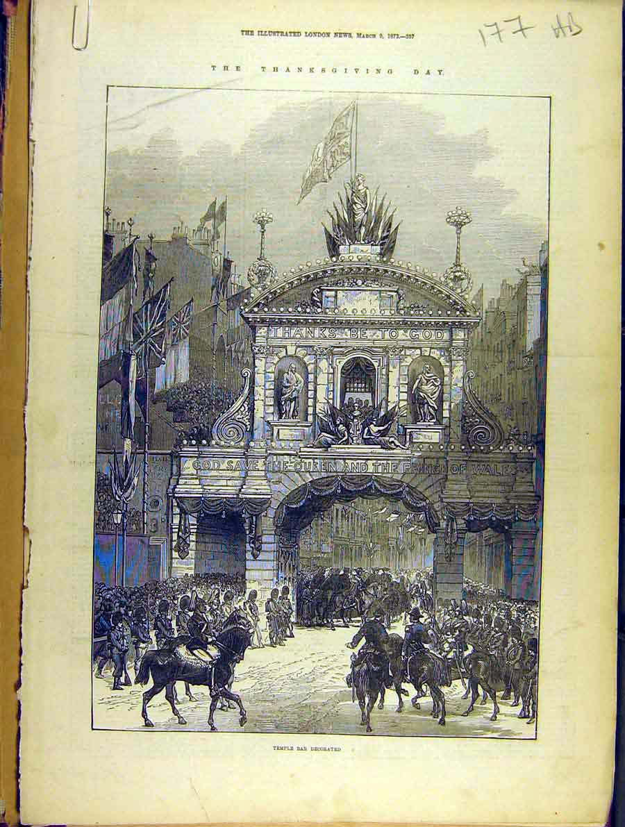 Original Old Antique Print 1872 Thanksgiving Day Temple-Bar Greenwich Hospital