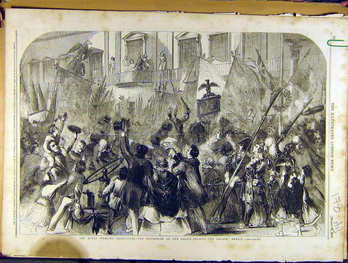 Original Old Antique Print 1858 Royal Wedding Palace Berlin Frederick-William