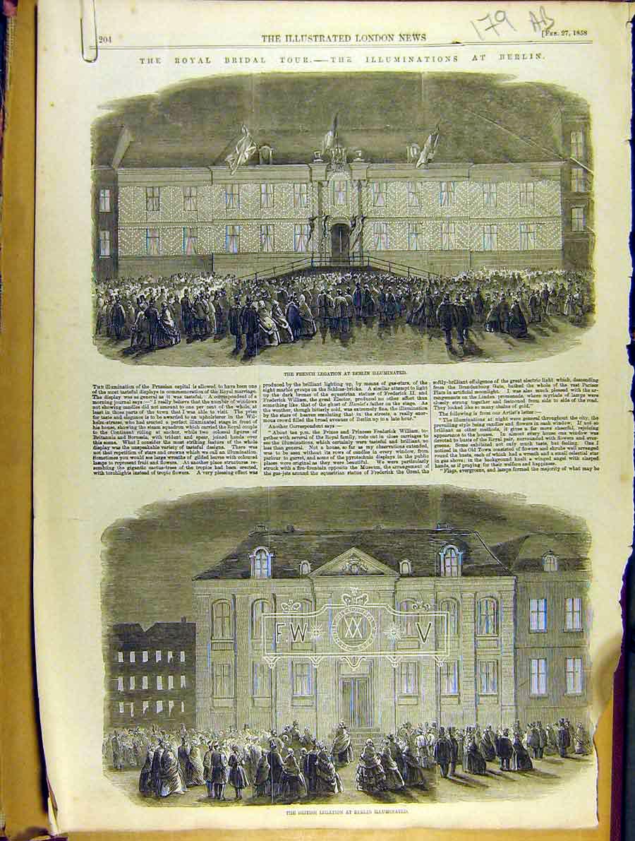 Old Antique Print 1858 Royal Bridal Tour Berlin British Legation Fountain 19th