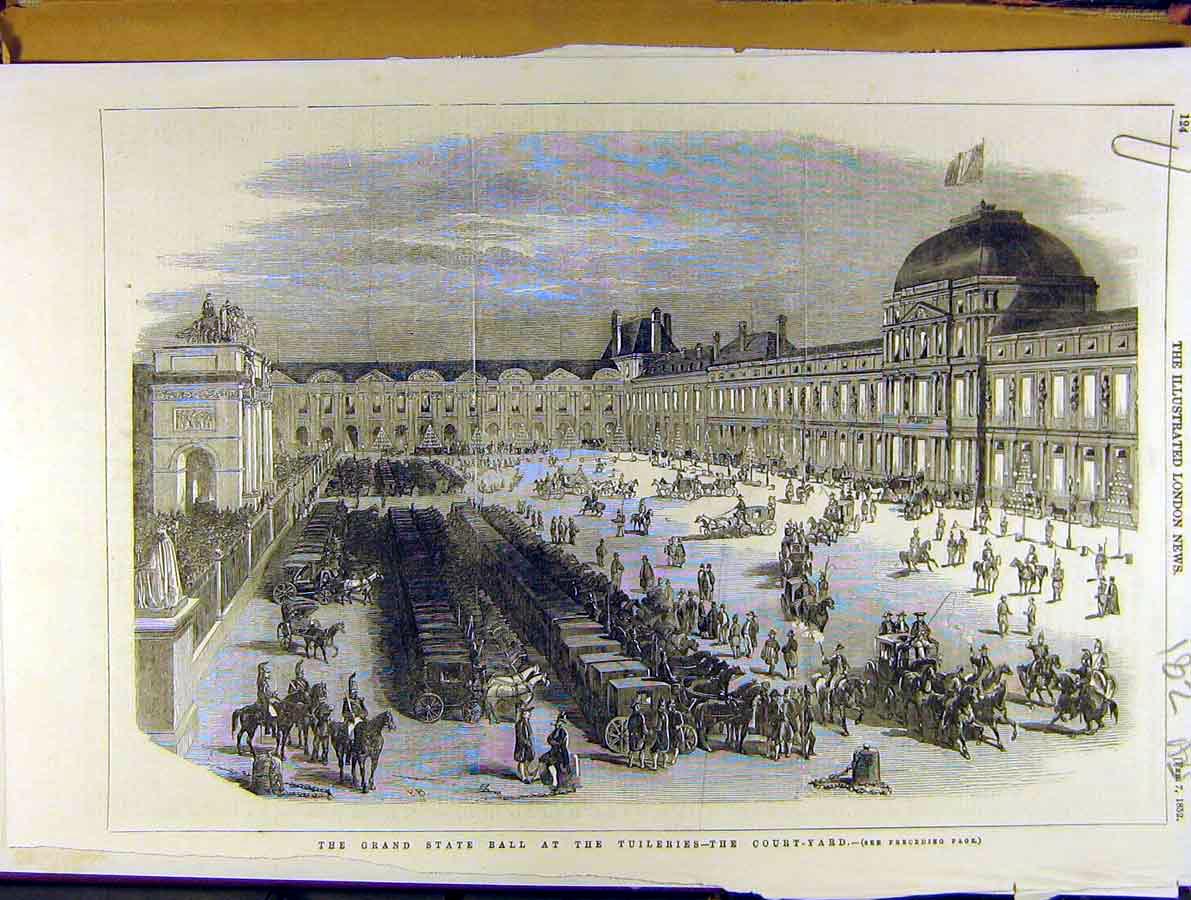 Original Old Antique Print 1852 Grand State Ball Tuileries Court-Yard Senate