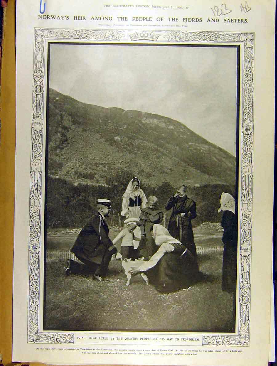 Original Old Antique Print 1906 Norway Prince Olaf Trondhjem Children 20th