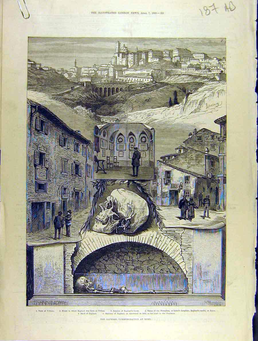 Original Old Antique Print 1883 Raphael Commemoration Rome Tomb Pantheon Italy