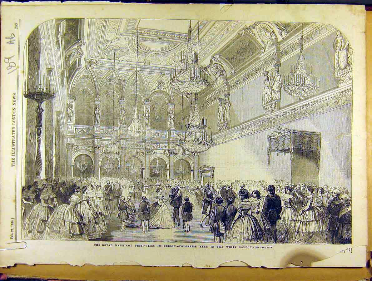 Original Old Antique Print 1858 Royal Marriage Berlin Ball Frederick-William
