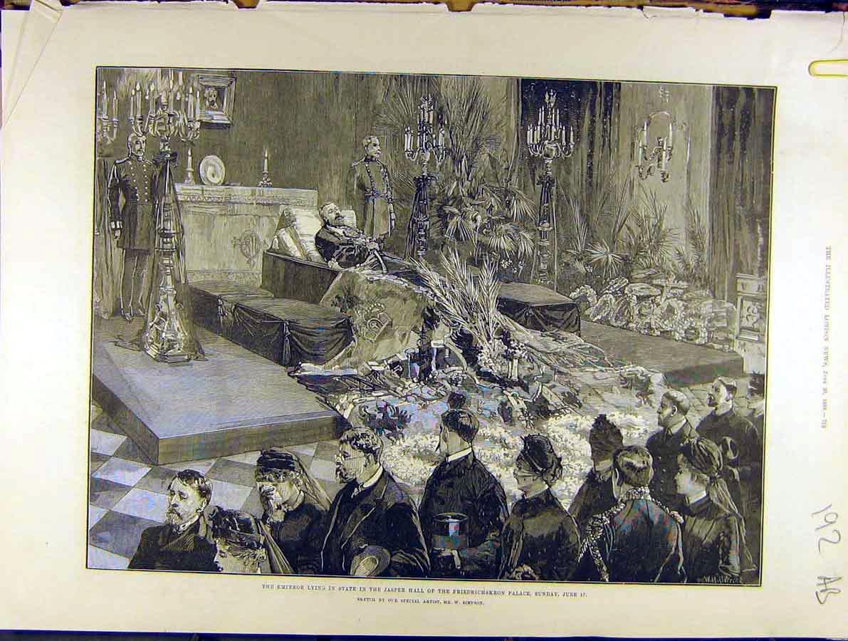 Original Old Antique Print 1888 Emperor Funeral Friedrichskron Palace Schloss