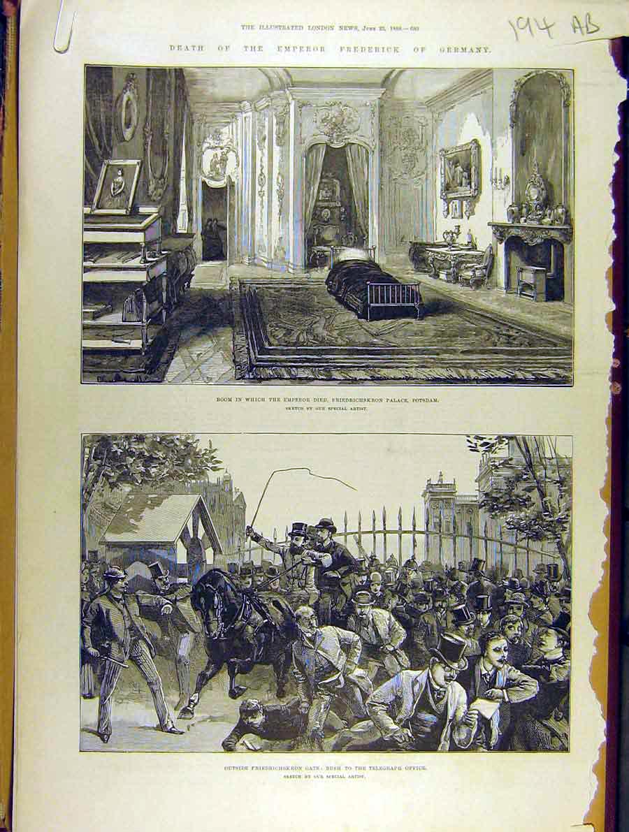 Original Old Antique Print 1888 Emperor Frederick Germany Death Potsdam Berlin