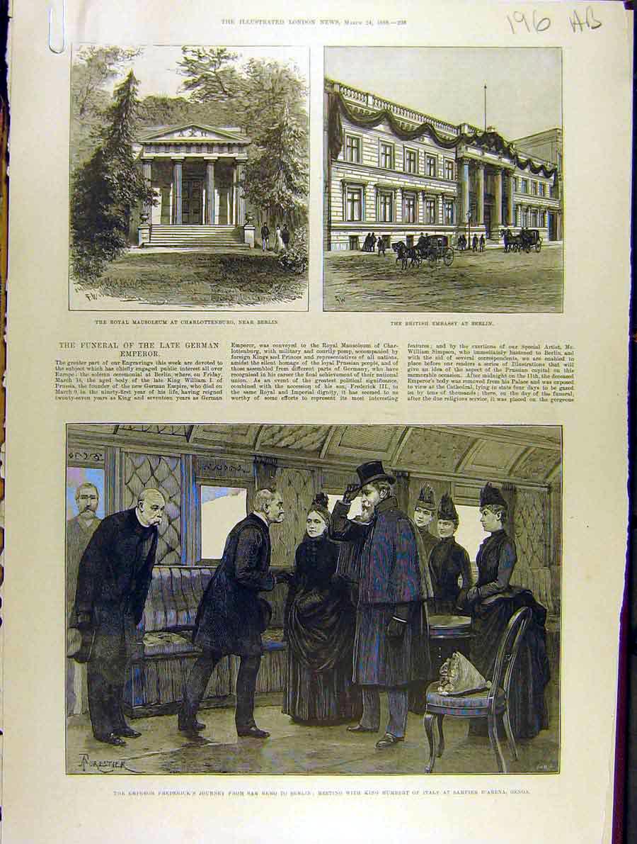 Original Old Antique Print 1888 Mausoleum Charlottenburg Berlin Embassy Emperor