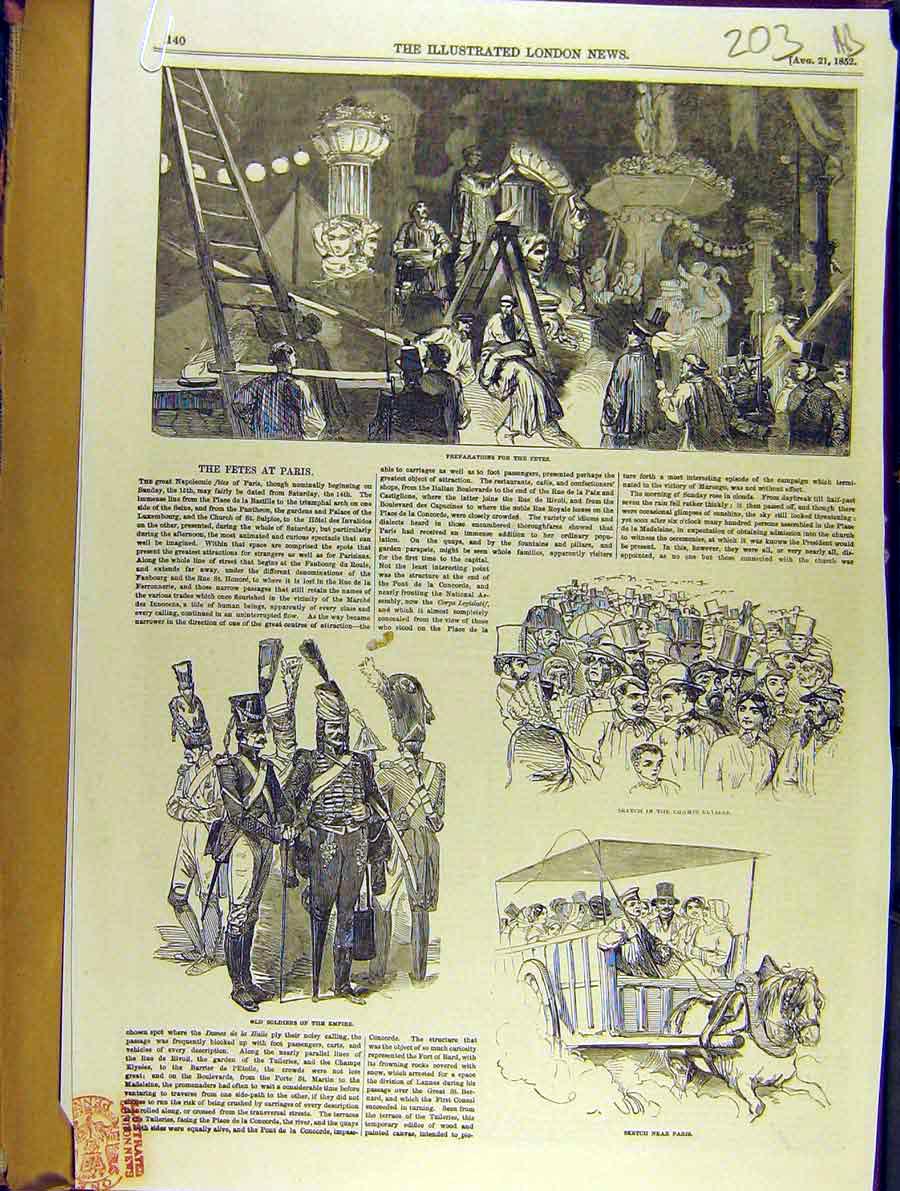 Original Old Antique Print 1852 Fetes Paris France Sketches Column Vendome 19th