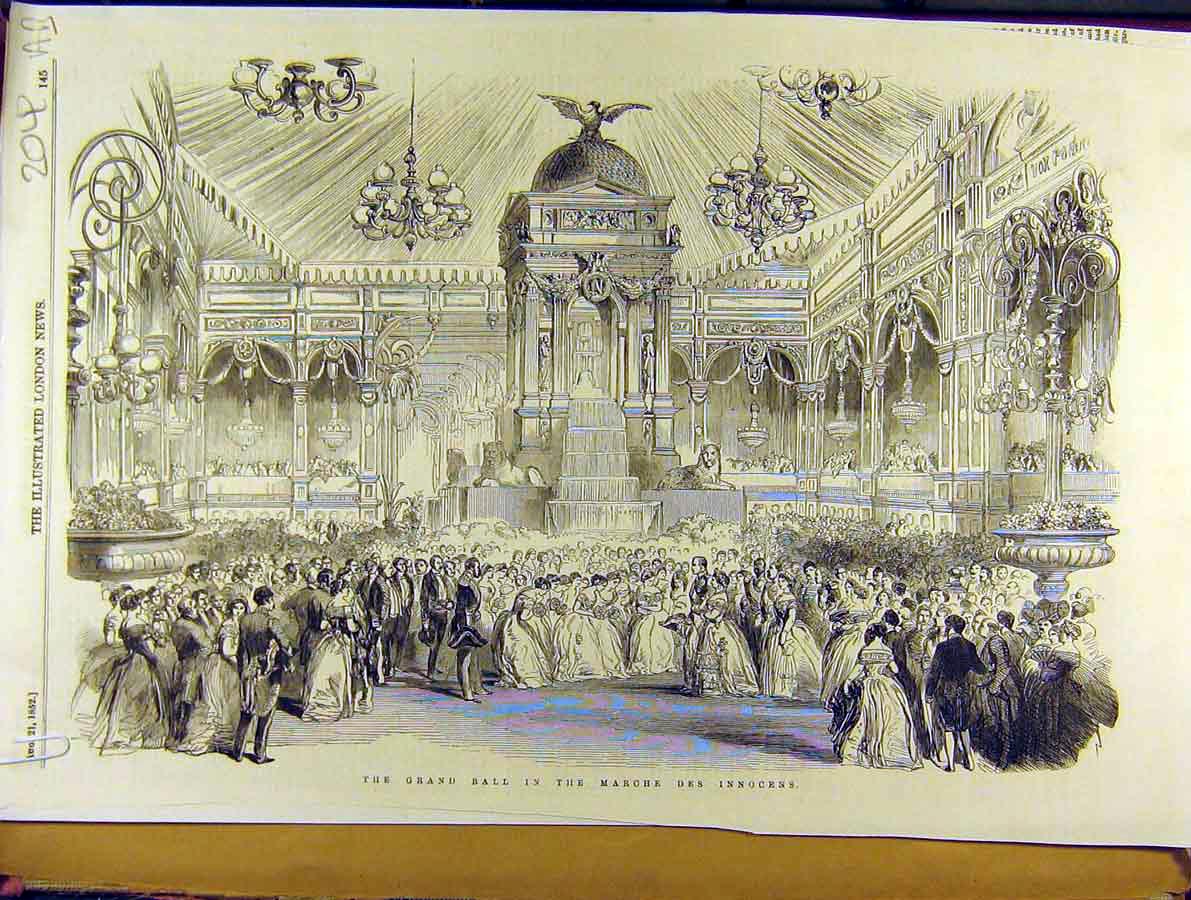 Old Antique Print 1852 Grand-Ball Marche-Des-Innocens Fireworks Concorde 19th