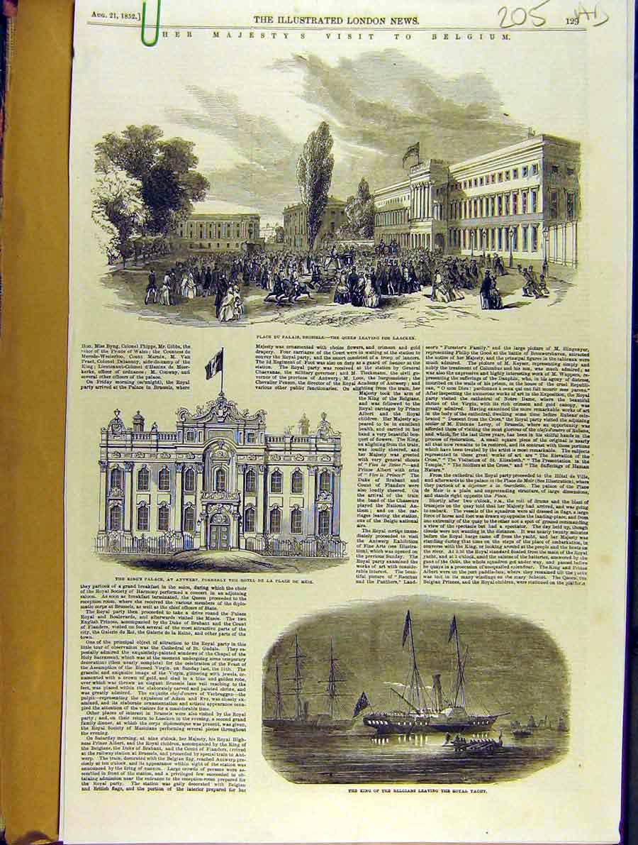 Original Old Antique Print 1852 Belgium Queen Laacken King Palace Yacht Antwerp