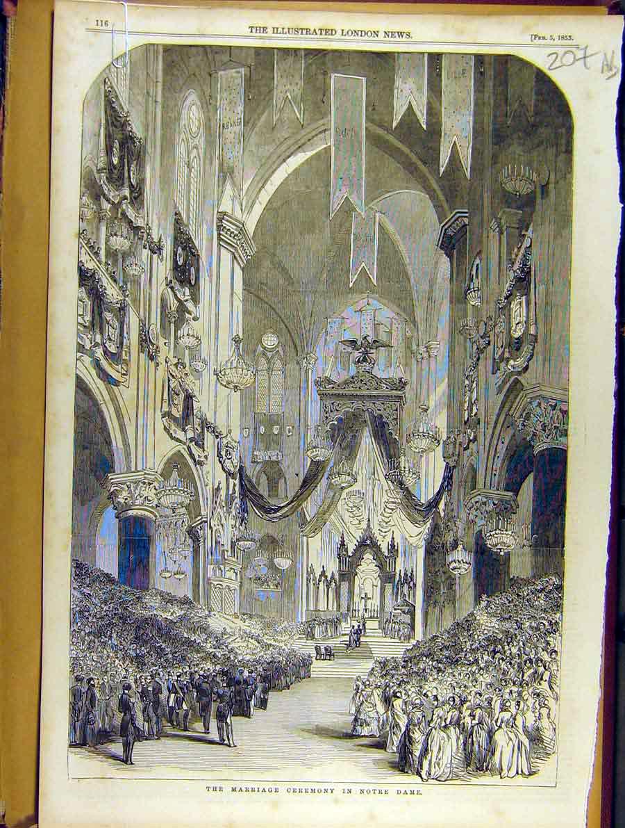 Original Old Antique Print 1853 Marriage Ceremony Notre Dame Altar Cathedral