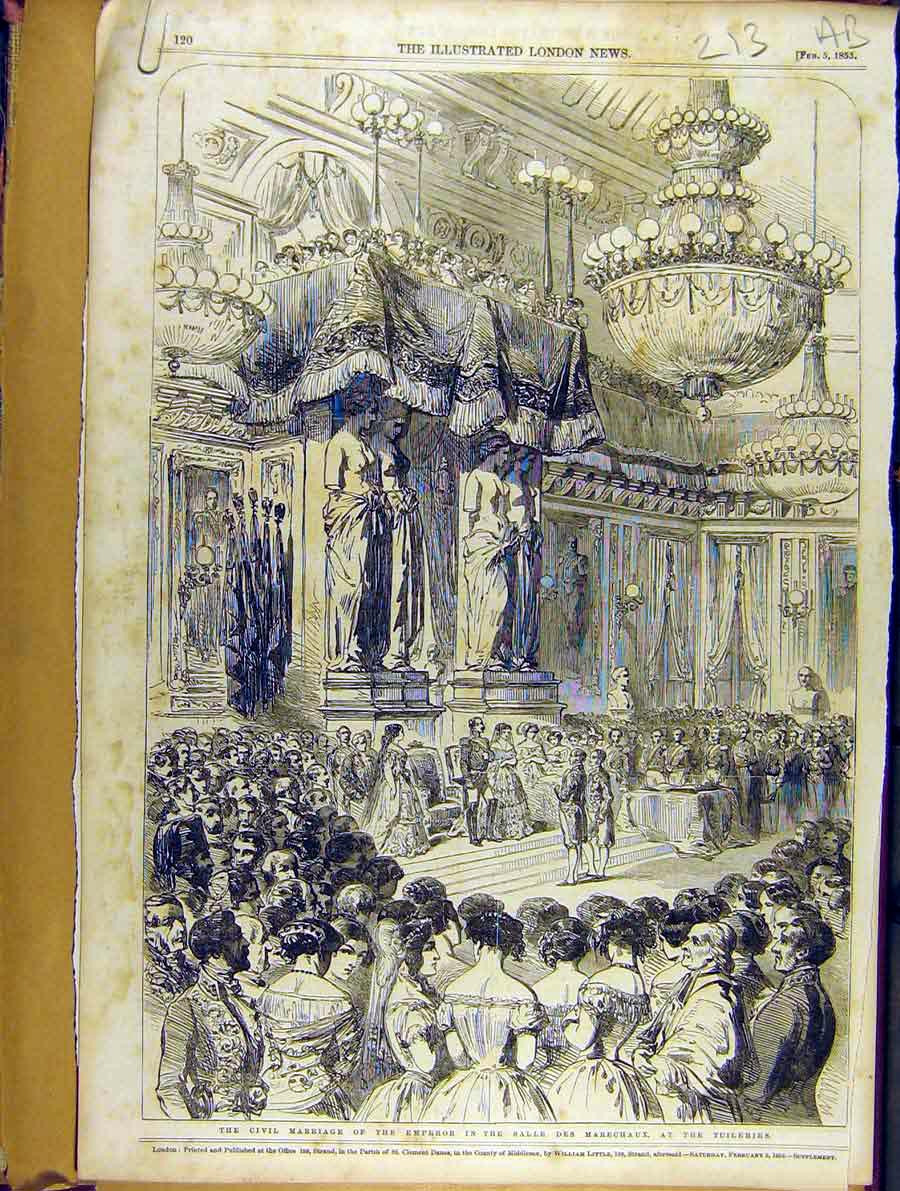 Original Old Antique Print 1853 Civil Marriage Emperor Salle Des Marechaux 19th