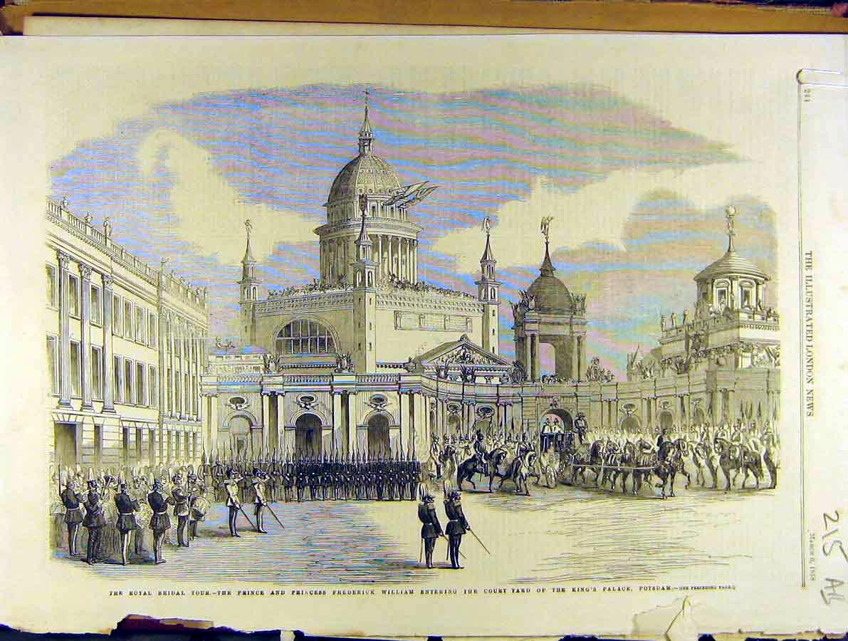 Original Old Antique Print 1858 Royal Bridal Tour William Kings Palace Potsdam
