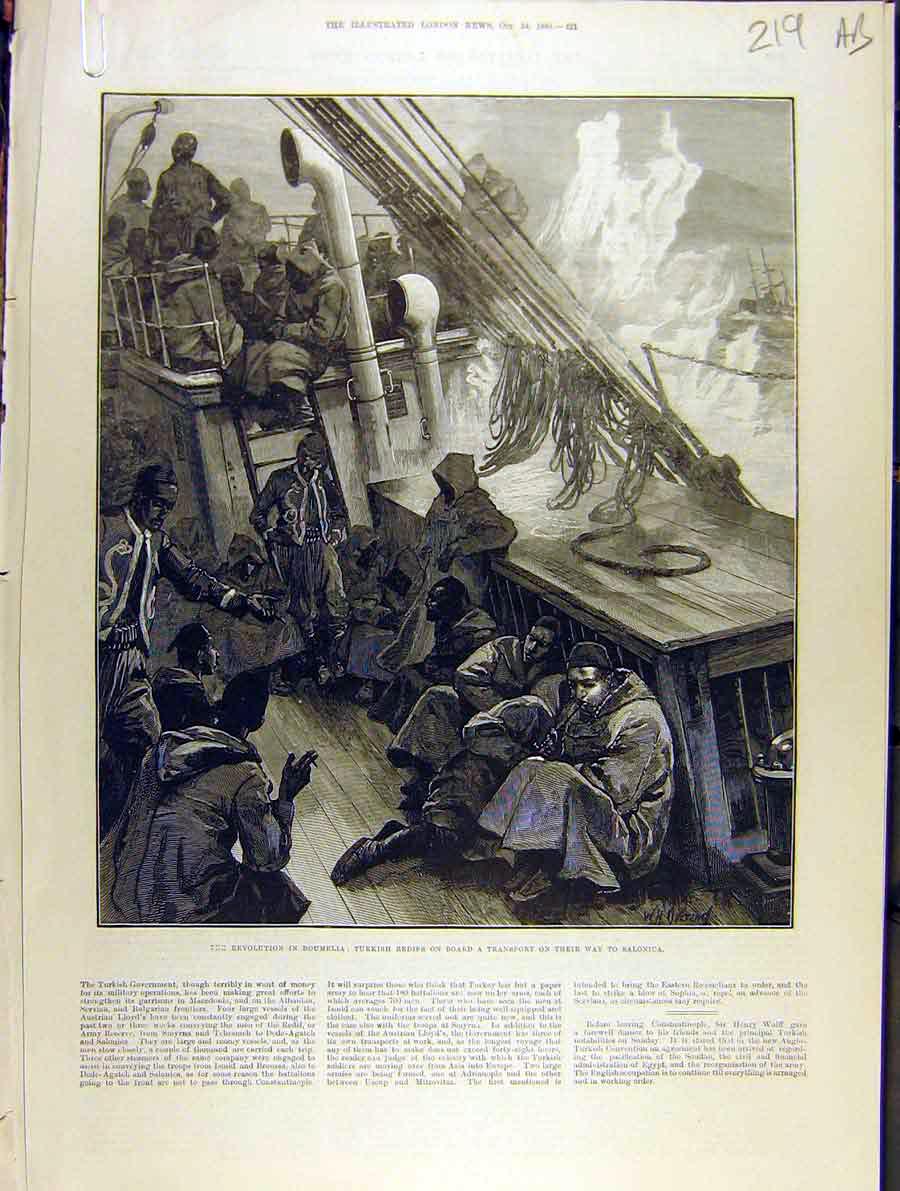 Original Old Antique Print 1885 Revolution Roumelia Turkish Redifs Ship Riots
