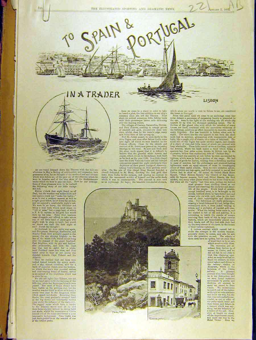 Old Antique Print 1892 Spain Portugal Travel Trade Ship Malaga Valencia 19th