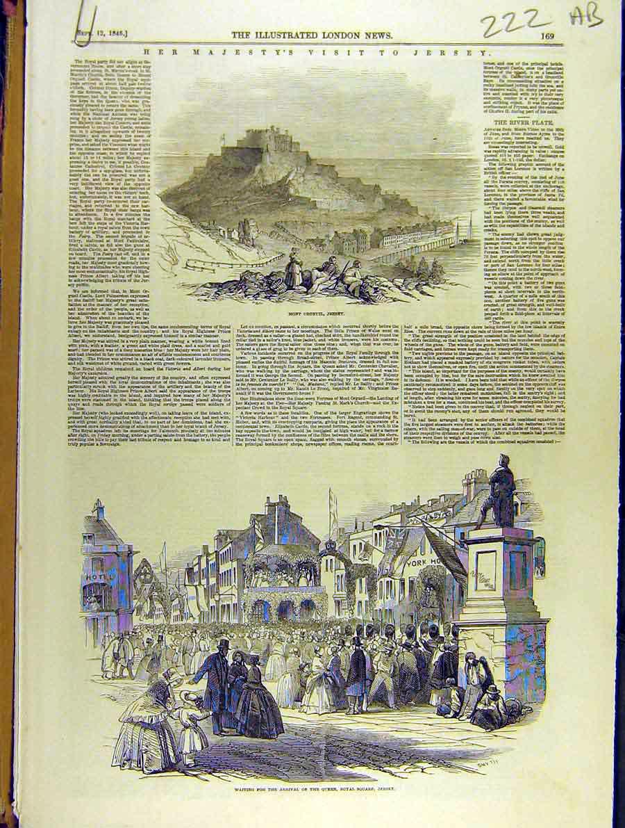 Original Old Antique Print 1846 Royal Square Visit Jersey Queen Victoria Pier