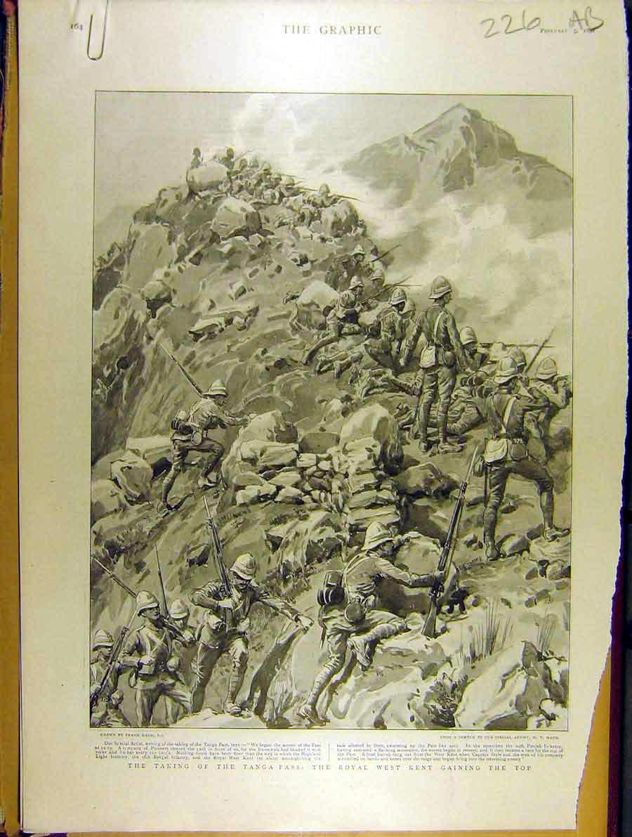 Original Old Antique Print 1898 Tanga Pass Battle Royal West Kent Bunerwalls