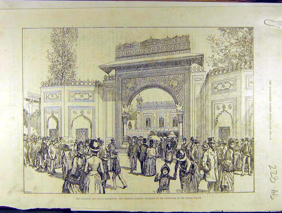 Original Old Antique Print 1886 Indian Exhibition Gwalior Gateway Fashion 19th