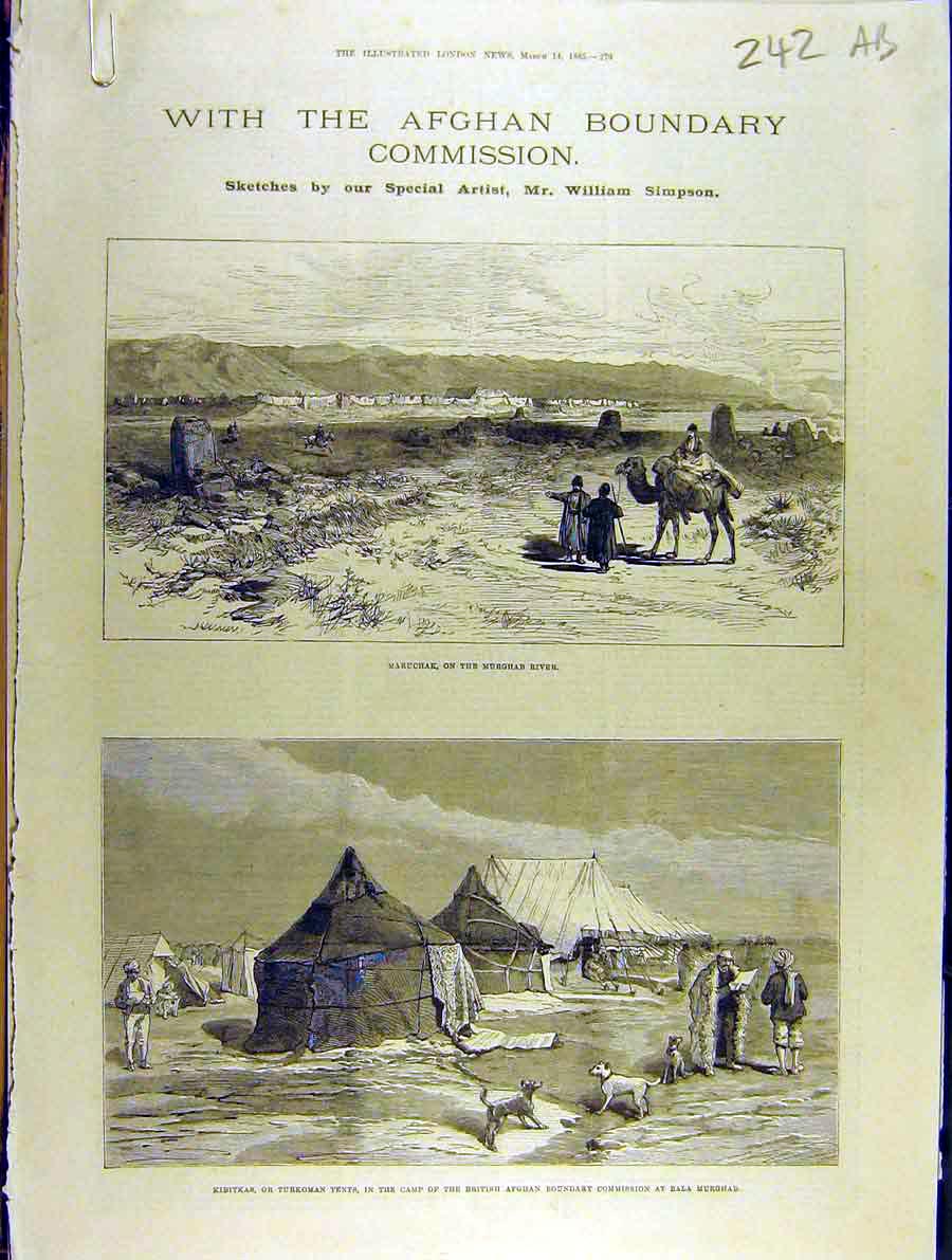 Old Antique Print 1885 Afghan Boundary Maruchack Murghab River Kibitkas 19th