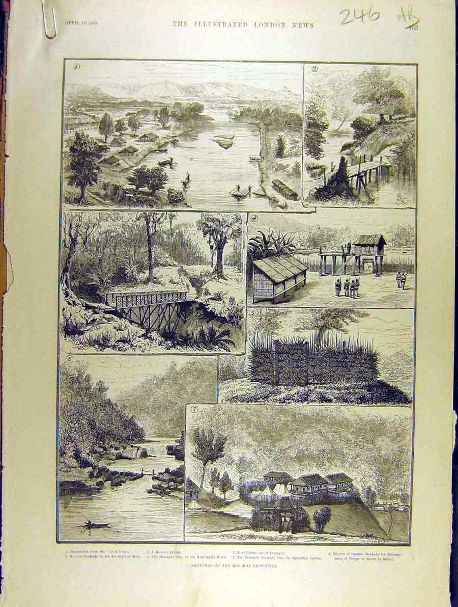 Original Old Antique Print 1889 Looshai Expedition Phyrang River Howsatta 19th