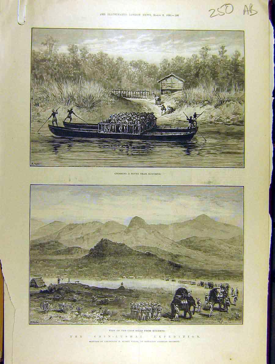 Original Old Antique Print 1890 Chin-Lushai Expedition River Kolymyo Village