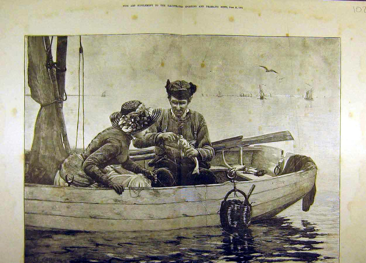 Original Old Antique Print 1884 Painting Guillou Fishing Lesson Lady Boat 19th