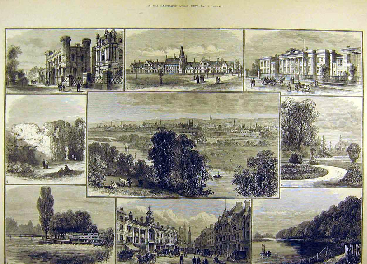 Original Old Antique Print 1882 Reading England Views Abbey Hospital Forbury