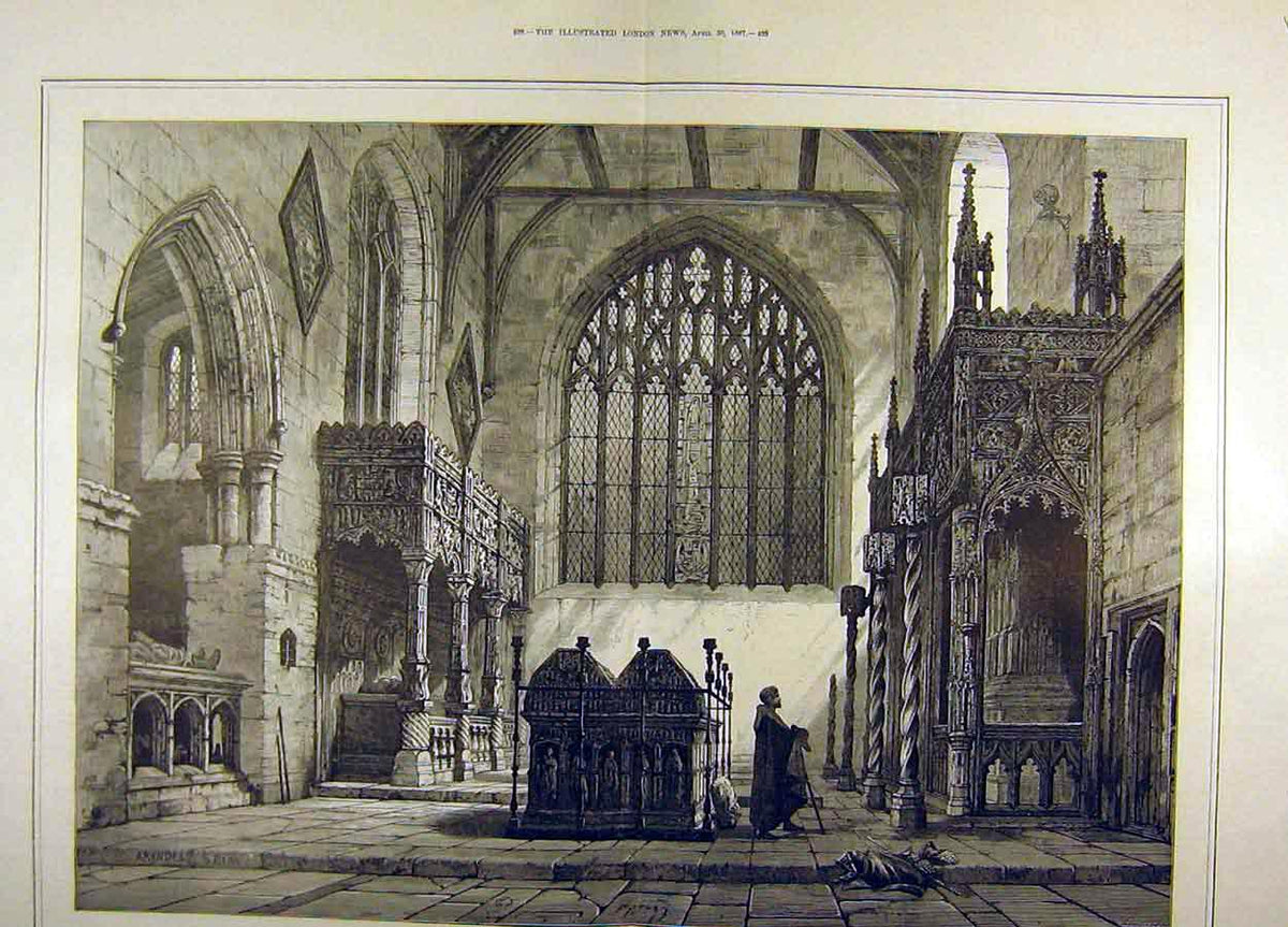 Original Old Antique Print 1887 Fitzalan Chapel Arundel Vault Duke Norfolk 19th