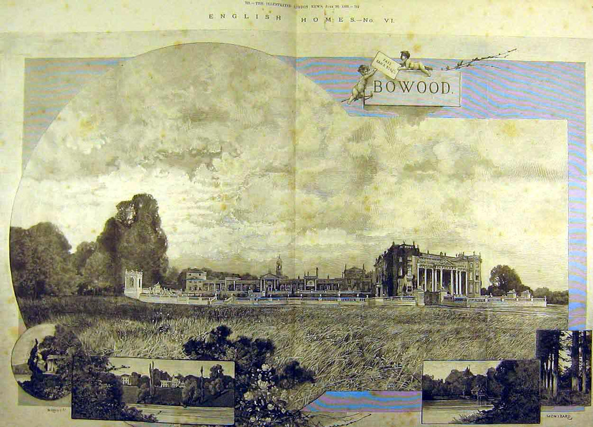 Original Old Antique Print Bowood Estate Lake Park Mansion Cottage