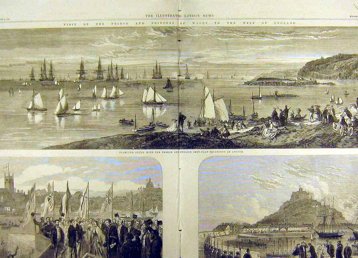Original Old Antique Print 1865 Prince Wales Visit Penzance Plymouth Fleet 19th