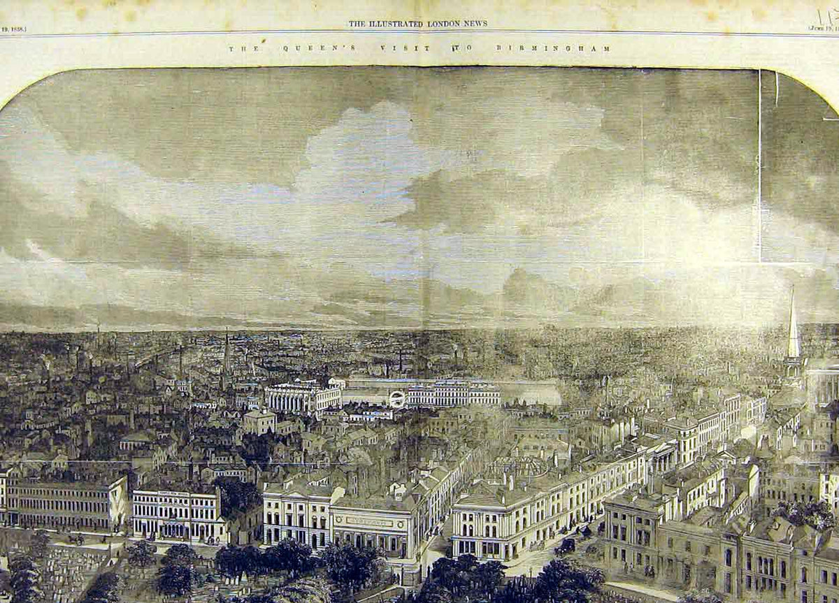 Original Old Antique Print 1858 Queen Visit Birmingham View Panoramic Victorian