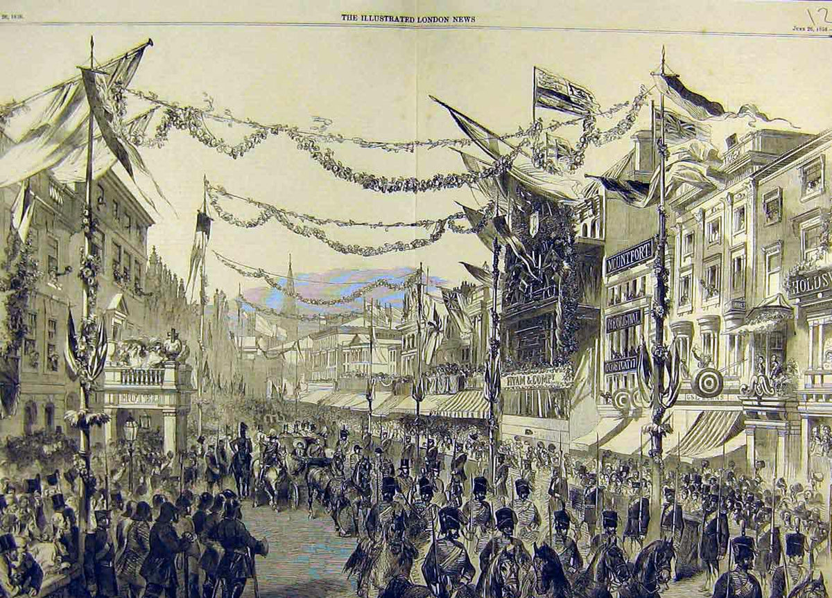 Original Old Antique Print 1858 Queen Visit Birmingham Royal Procession 19th