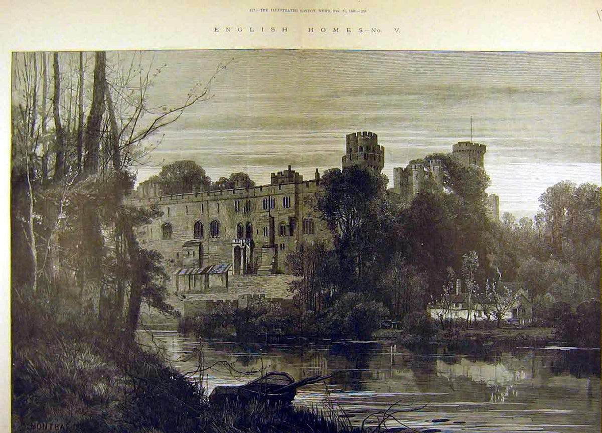 Original Old Antique Print 1886 Warwick Castle Estate Tower Earl Bridge 19th