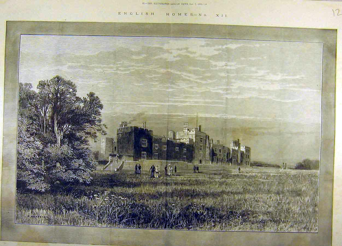Original Old Antique Print 1888 Penshurst Place Estate Lord De L'Isle Mansion