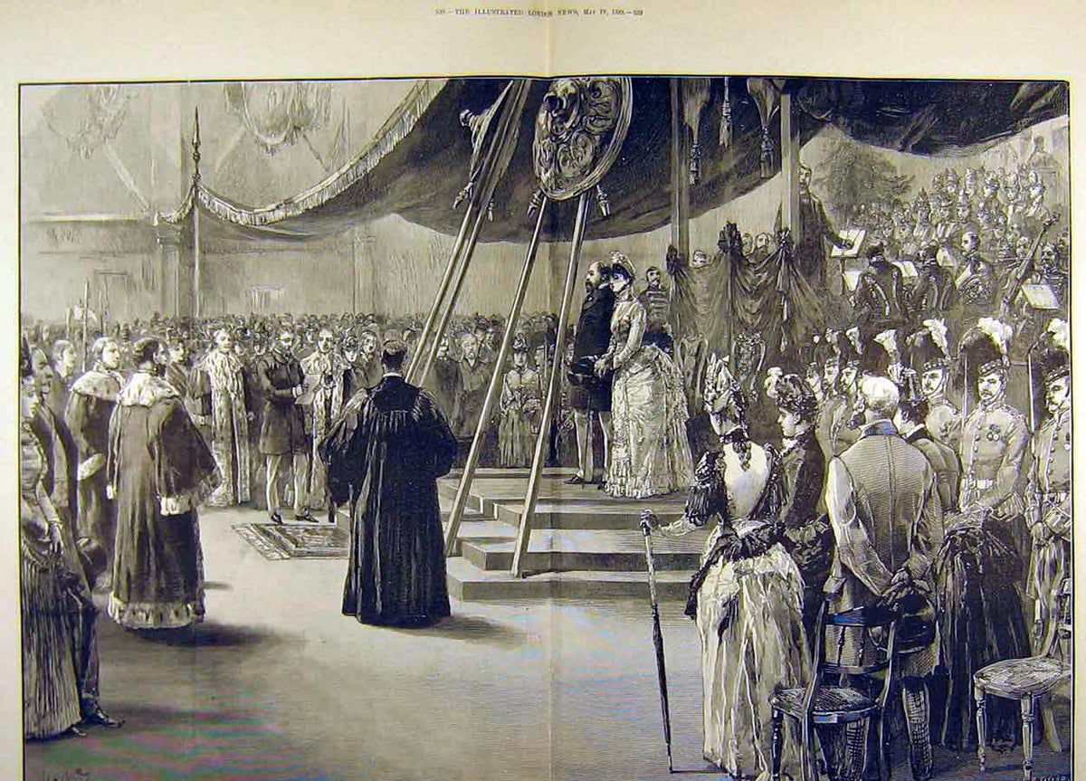 Original Old Antique Print 1888 Prince Princess Wales Glasgow Exhibition Royal