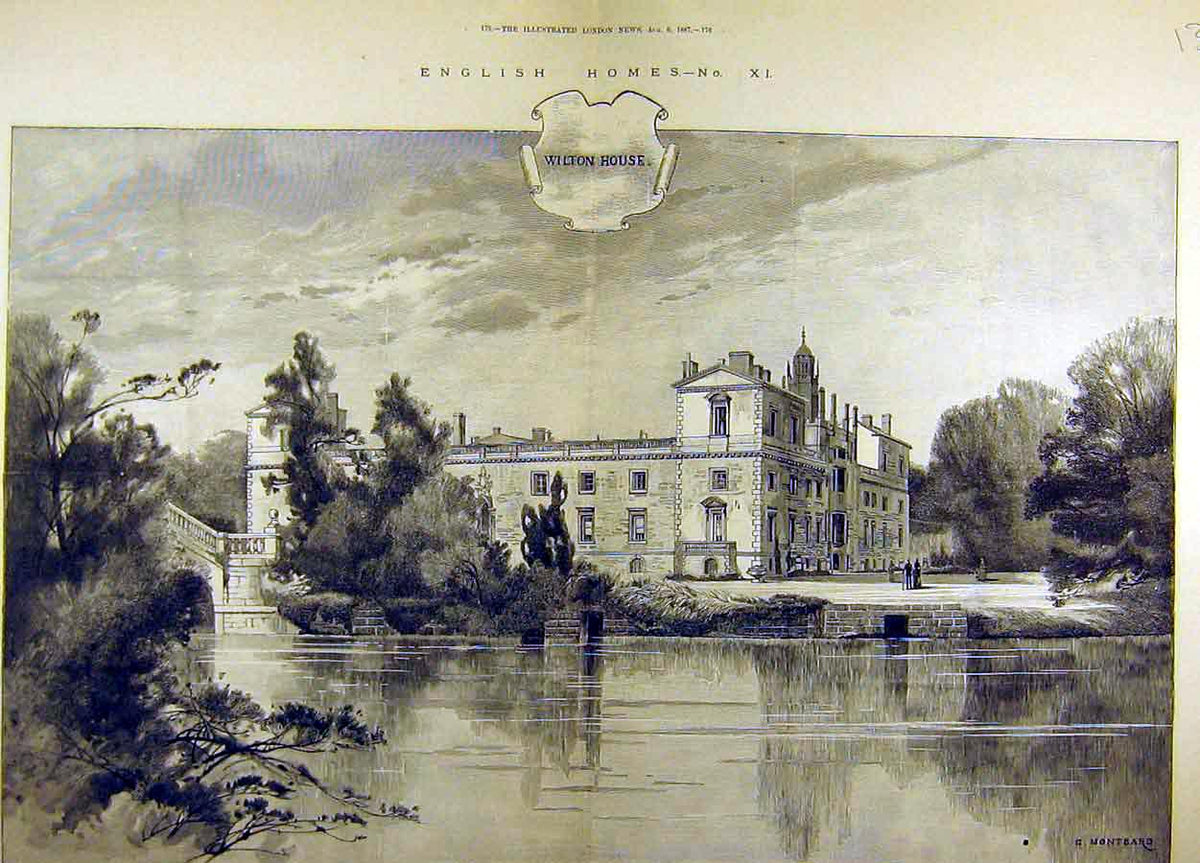 Original Old Antique Print 1887 Wilton House Gardens Lake Pembroke Estate 19th
