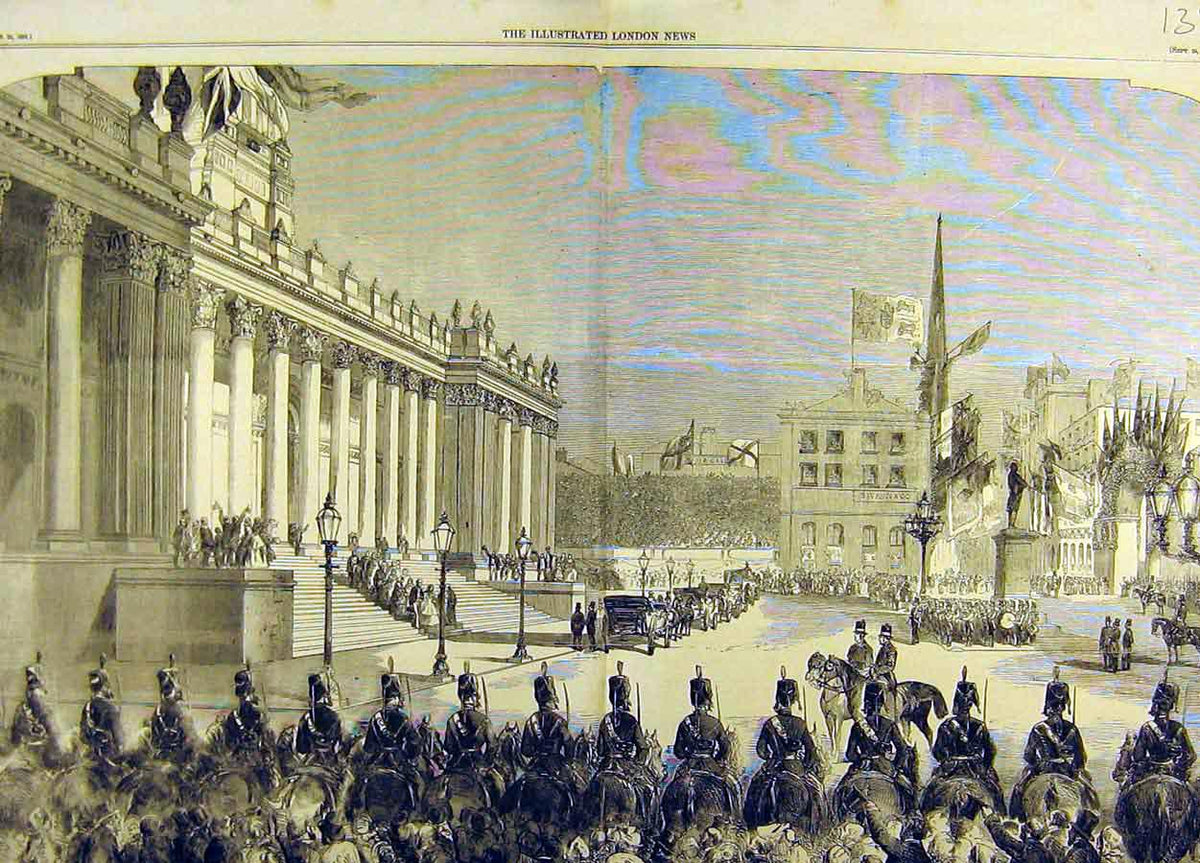 Original Old Antique Print 1858 Queen Visit Leeds Townhall Procession Royal