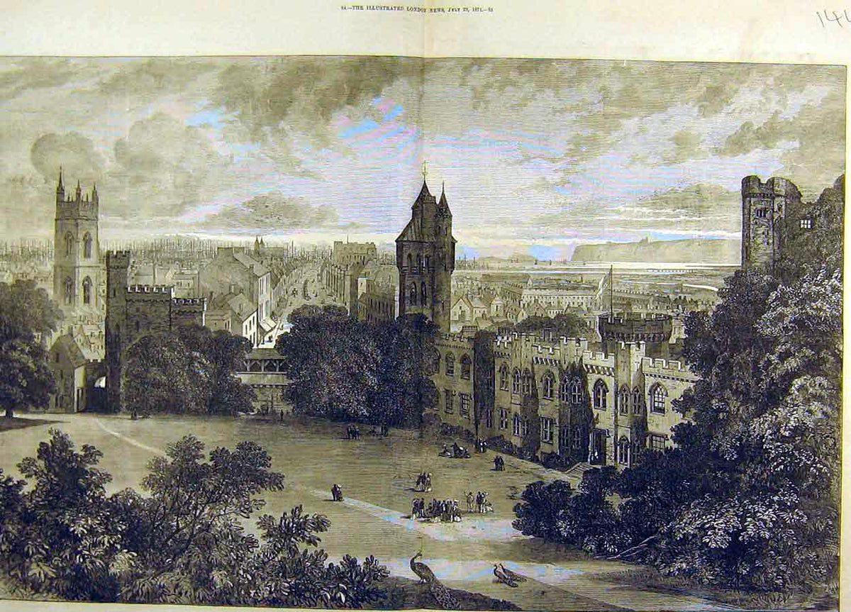 Old Antique Print 1871 Royal Archeaological Institure Cardif Castle Meet 19th