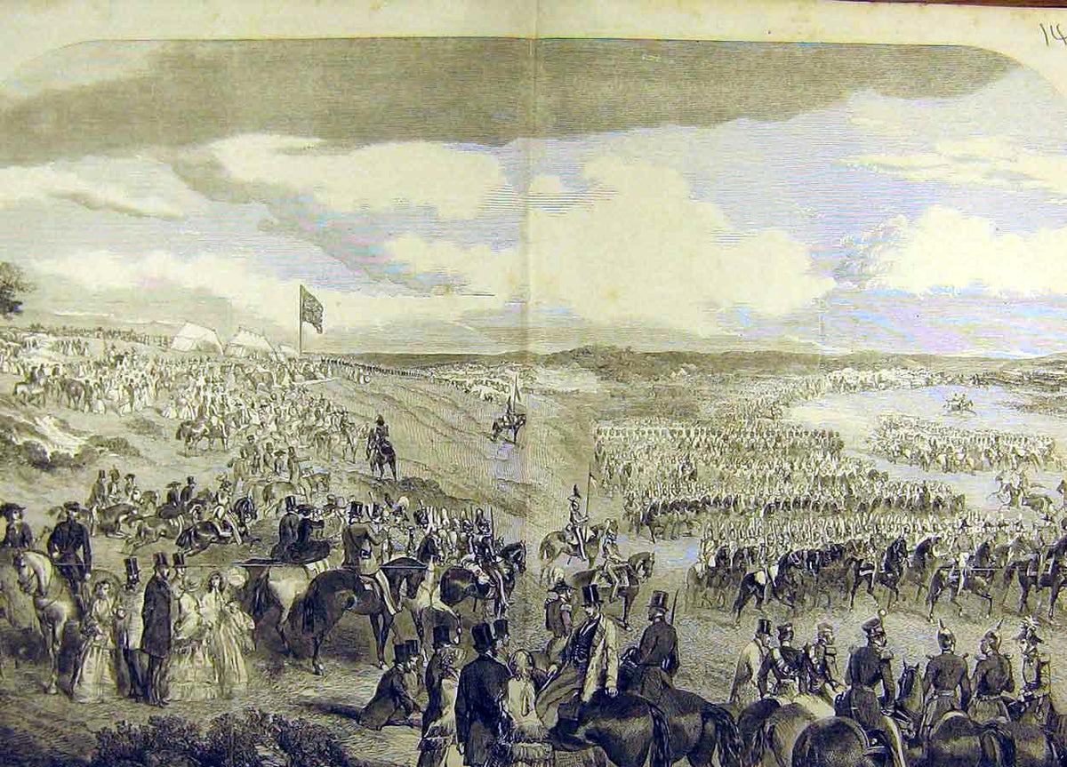 Original Old Antique Print 1853 Chobham Military Camp Review Royal Troops 19th