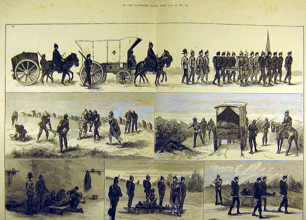 Original Old Antique Print 1881 Easter Volunteer Manouvres Ambulance Corps 19th