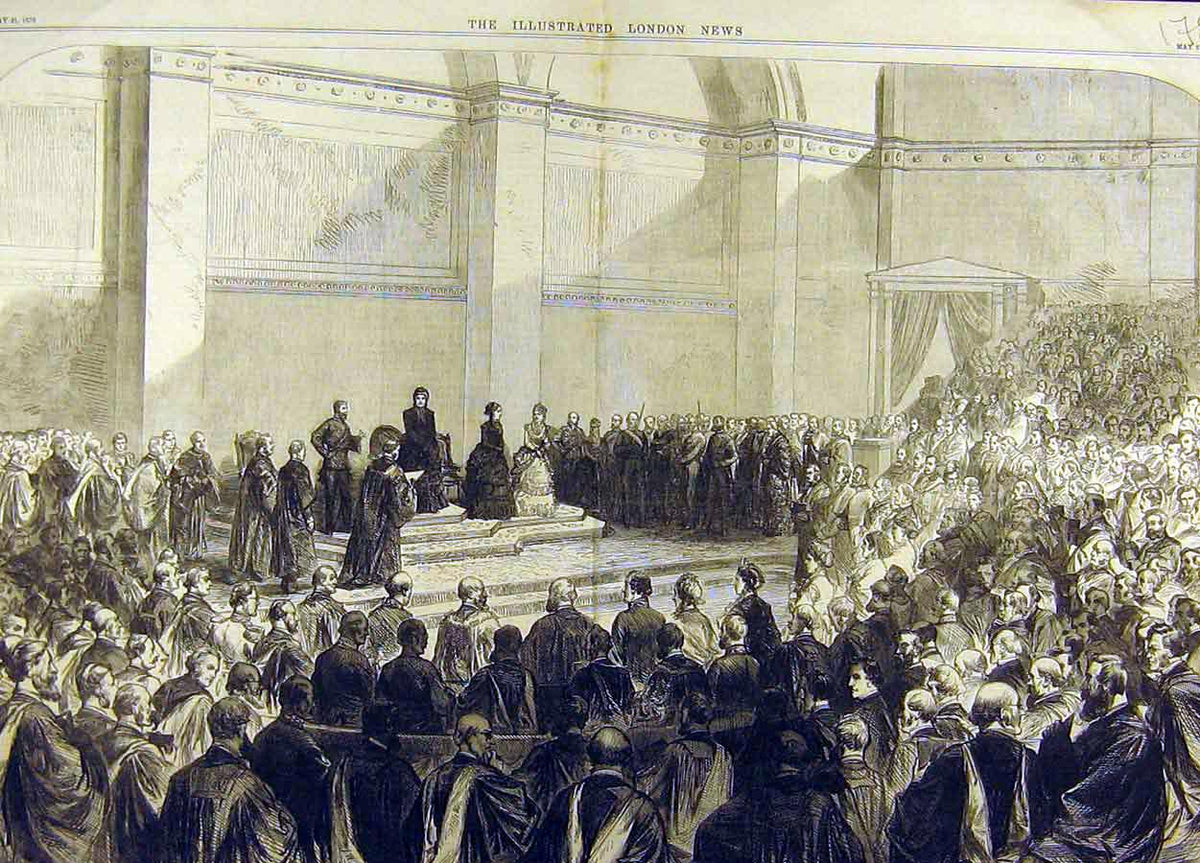 Original Old Antique Print 1870 Queen Opening University London New Building