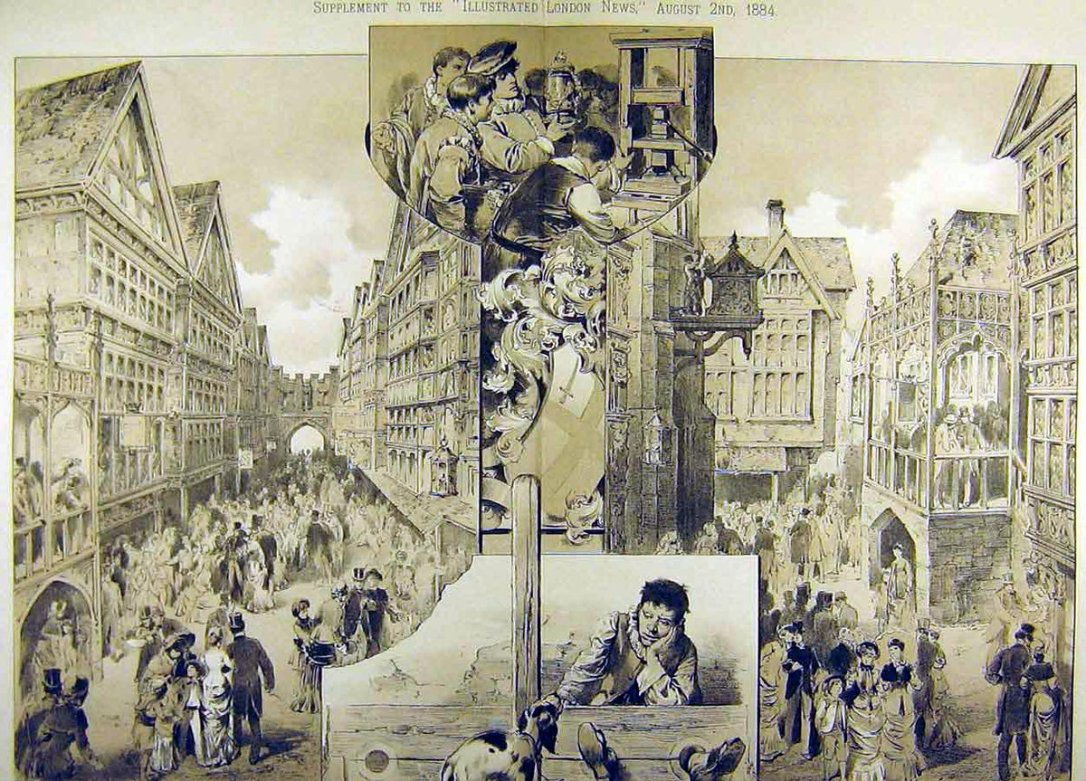 Original Old Antique Print 1884 London Street Health Exhibition Pye Corner 19th