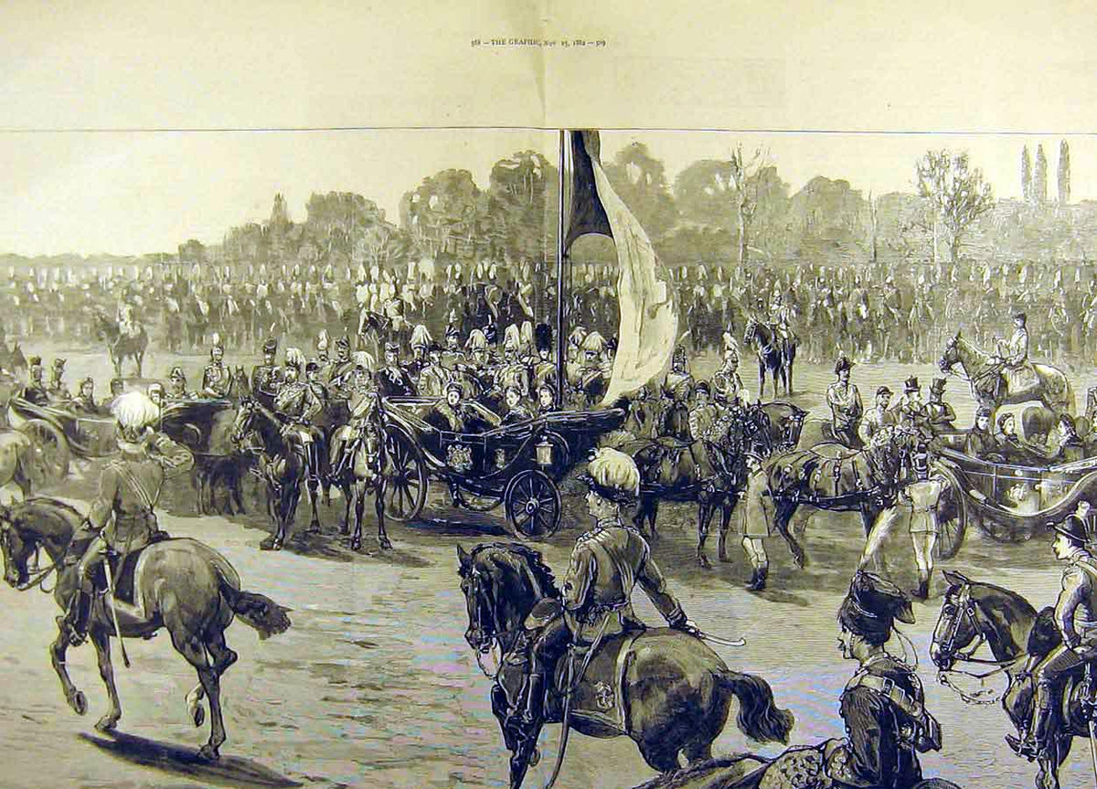 Original Old Antique Print 1882 Royal Review Troops Egypt Queen Saluting Point