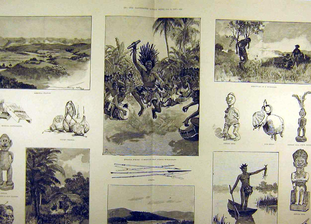 Original Old Antique Print 1887 Sketches River Congo Utensils Witchcraft Music