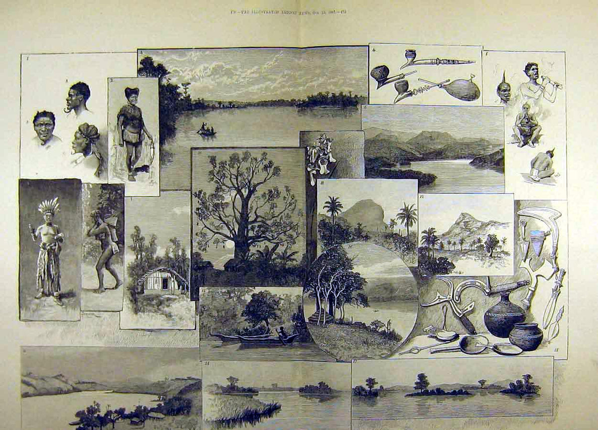 Original Old Antique Print 1887 Sketches River Congo View Scene Native Ward