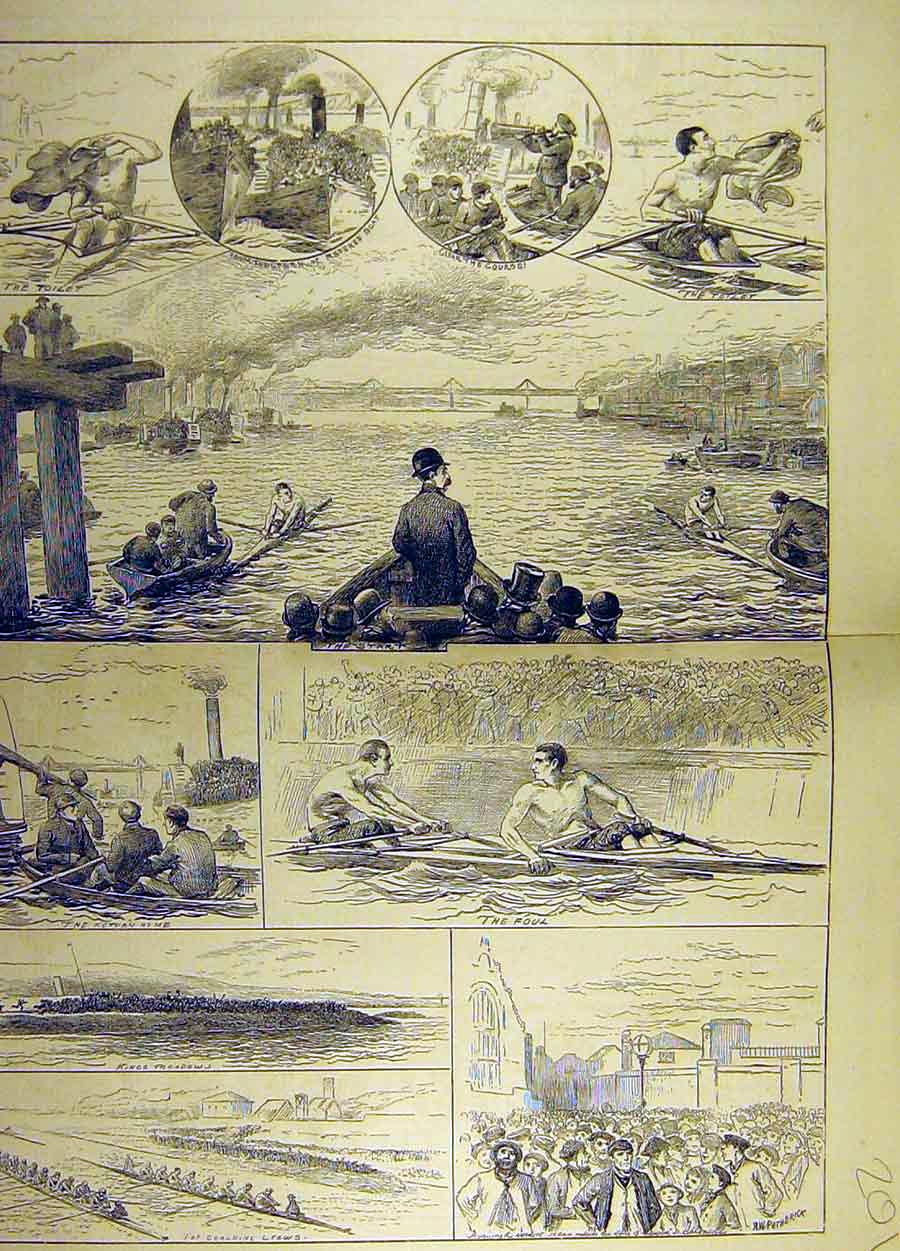Original Old Antique Print 1878 Sketches Boat Race Challenge Cup Higgins Boyd